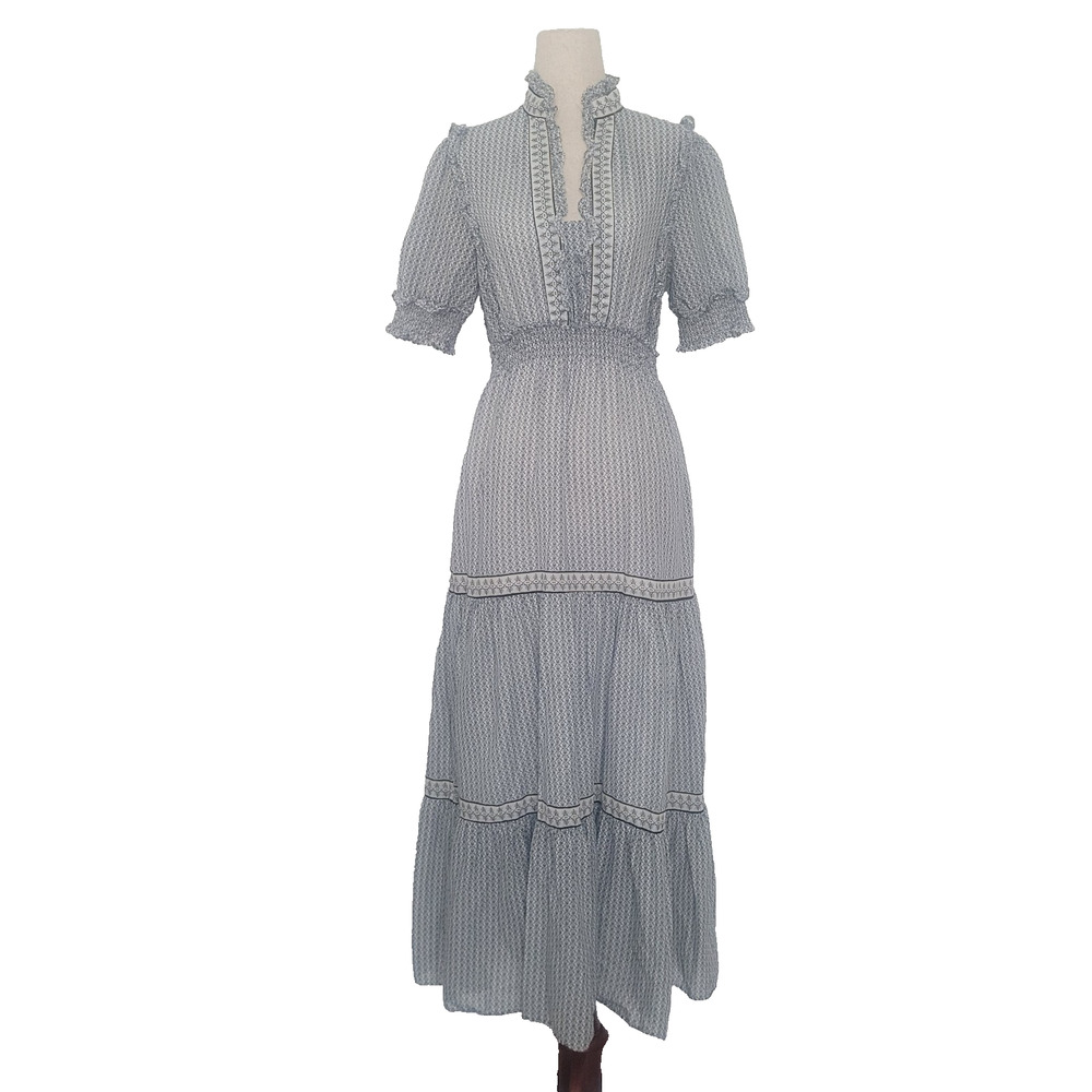 Max Studio Ruffle Collar Geometric Print Tiered Maxi Dress S Peasant Cottagecore